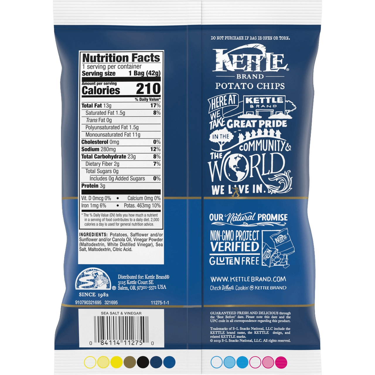 Back of Kettle Brand Sea Salt & Vinegar Flavor Potato Chips 1.5 oz bag showing nutrition facts, gluten-free and non-GMO labels.