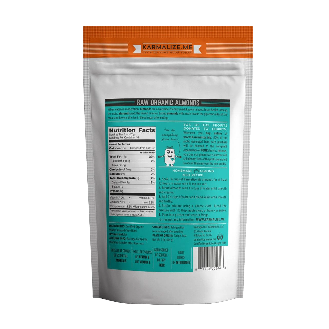 100% Organic Raw Almonds, Whole - 1lb