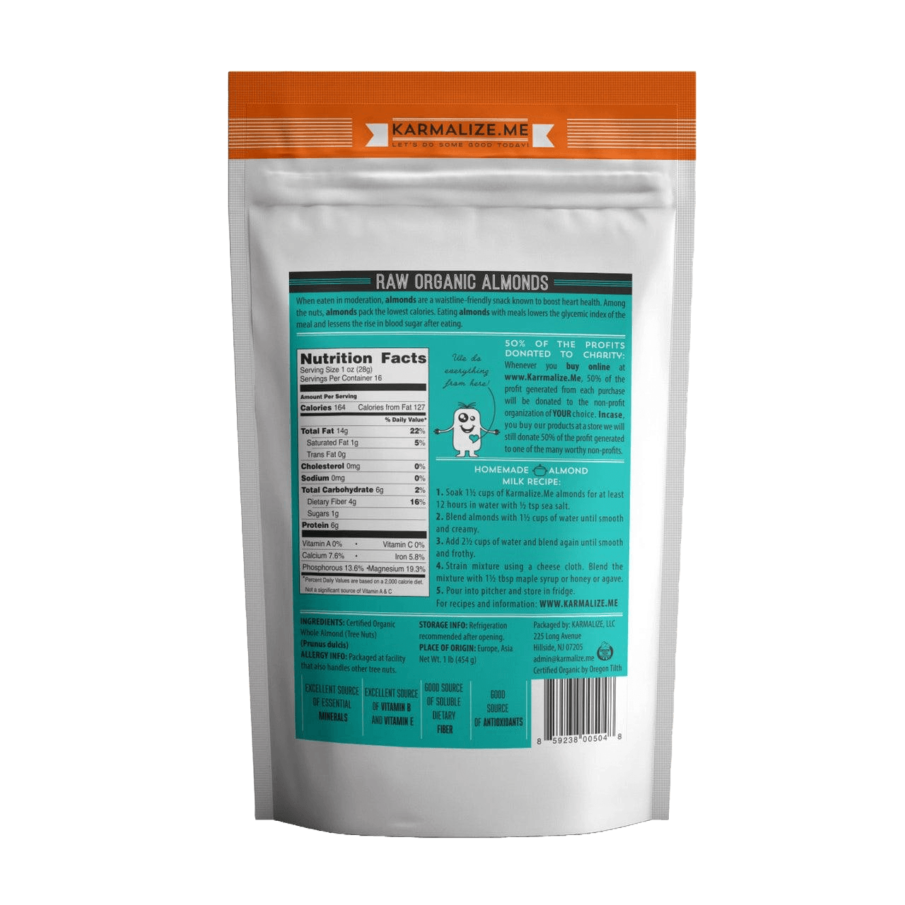 Back of Organic Raw Almonds Spain 1lb pack showing nutrition facts, product benefits, and recipe ideas for healthy snacking.