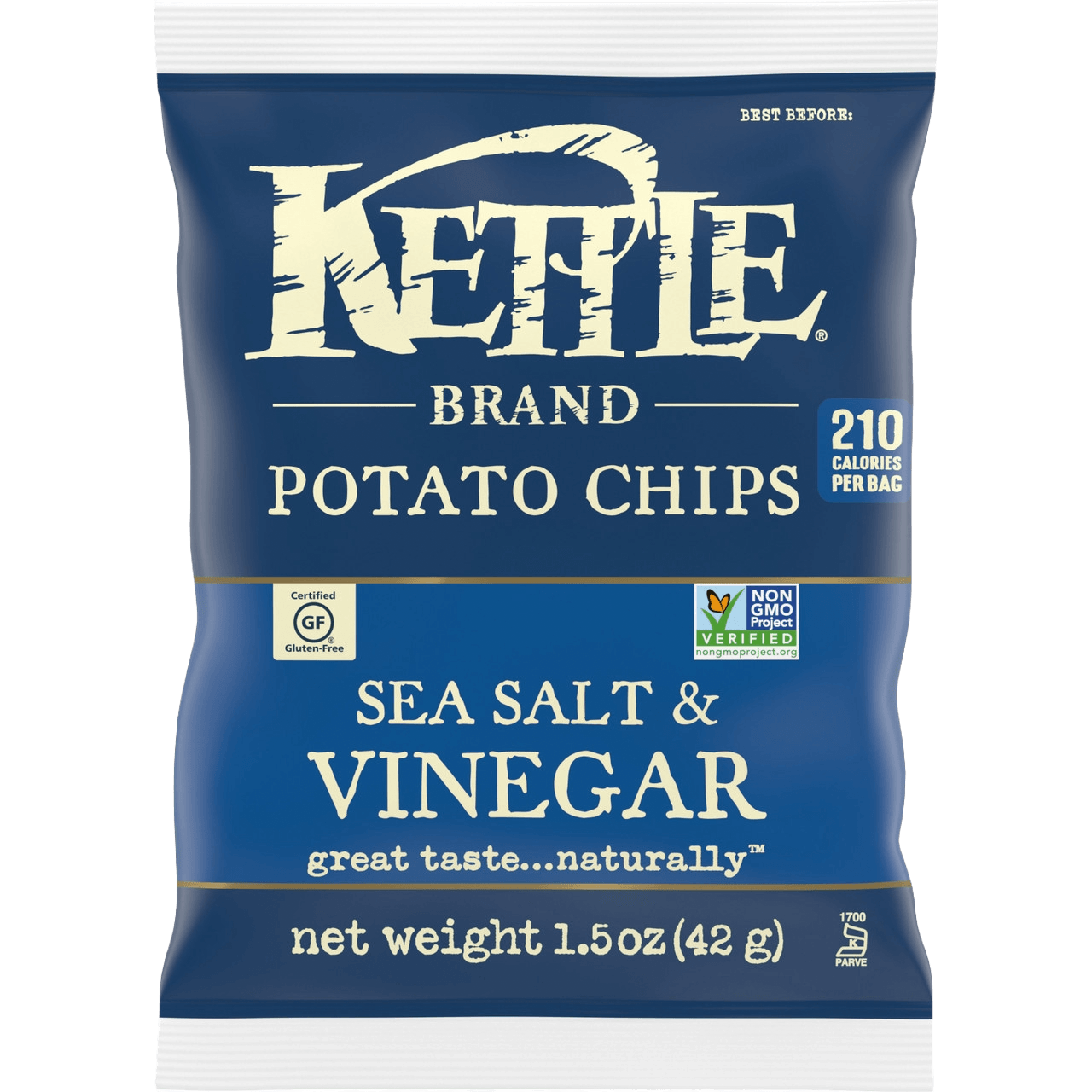 Kettle Brand Sea Salt & Vinegar Flavor Potato Chips 1.5 oz bag with gluten-free and non-GMO labels. Tangy snack option in a bold blue pack.