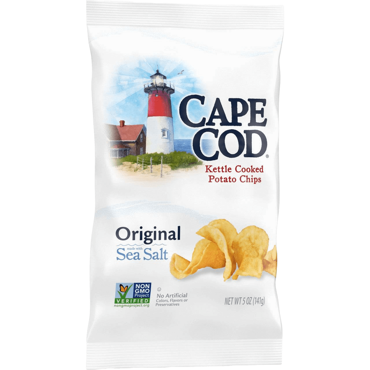 Cape Cod Kettle Chips Sea Salt 5 oz bag with lighthouse design, showcasing original crunchy potato chips made with sea salt.