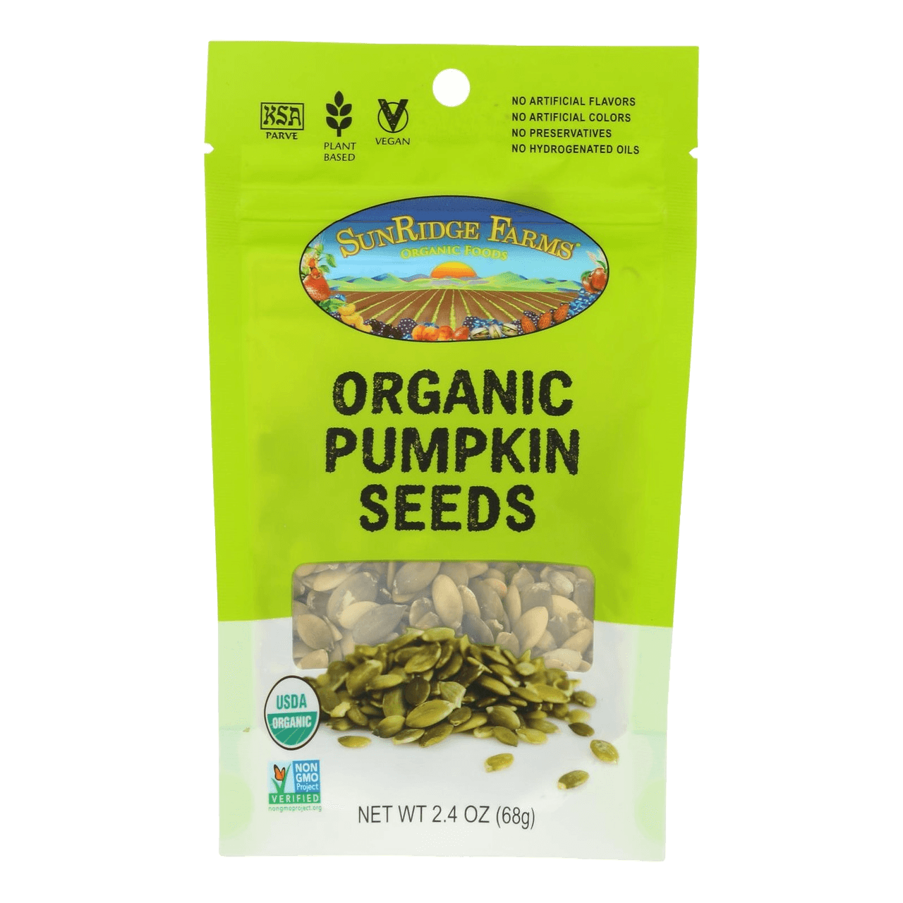 Sun Ridge Farms Seeds - Organic Pumpkin 8 Pack | 2.4 OZ resealable pouch with USDA Organic and Non-GMO labels, ideal for healthy snacking or baking.