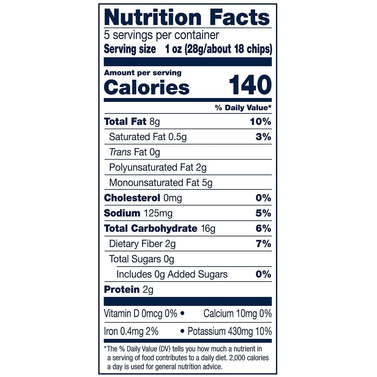 Cape Cod Kettle Chips Sea Salt nutrition facts label showing 140 calories per serving and 2g of protein per 1 oz portion.
