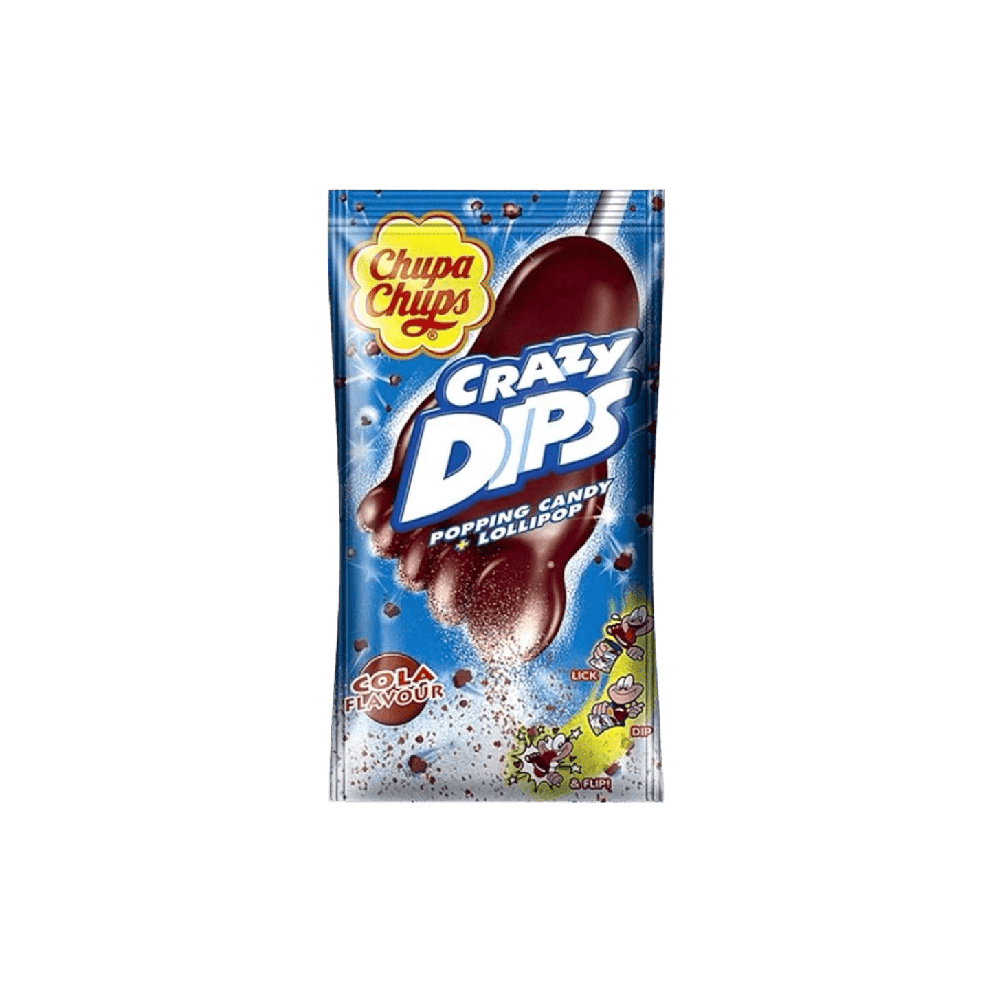 Chupa Chups Crazy Dips Lollipops With Cola Taste 14g in blue packaging featuring a cola-flavored lollipop and popping candy visuals. Ideal candy snack for cola lovers.