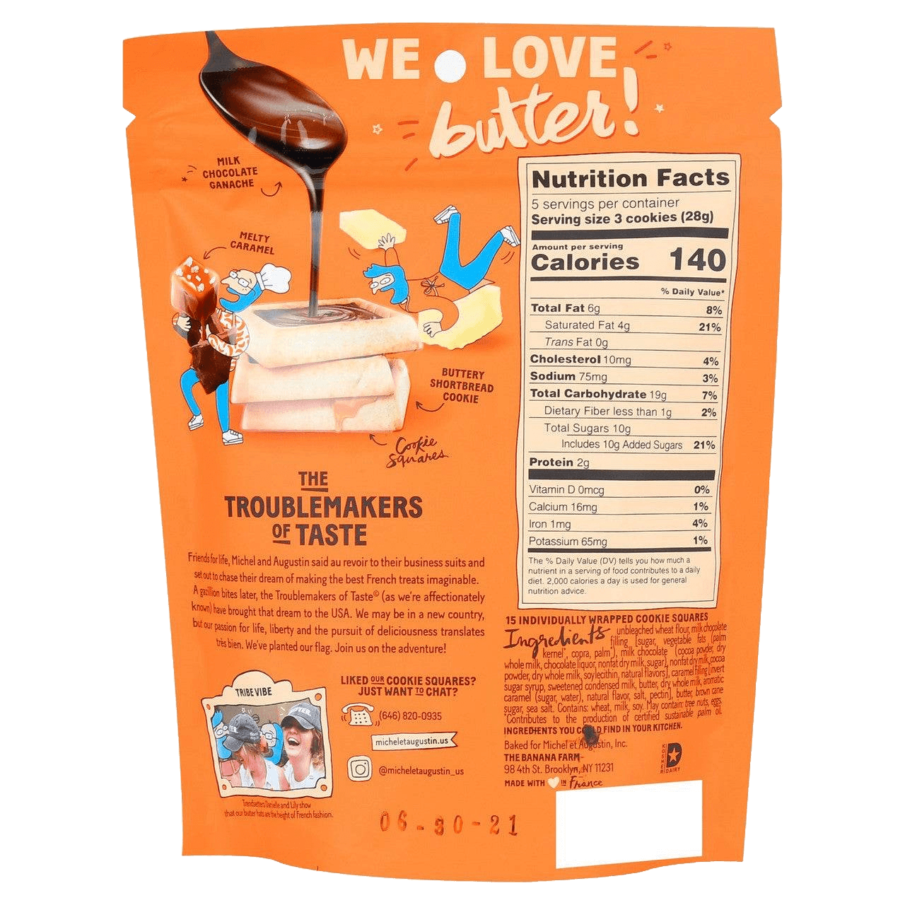 Back of Michel et Augustin French Shortbread Cookie Squares pouch highlighting ingredients, nutrition facts, and playful brand illustrations.