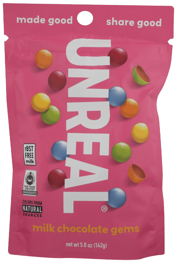 Unreal Milk Chocolate Gems 5oz pouch with colorful candy-coated chocolates, labeled rBST-free and fair trade. Ideal for guilt-free snacking.