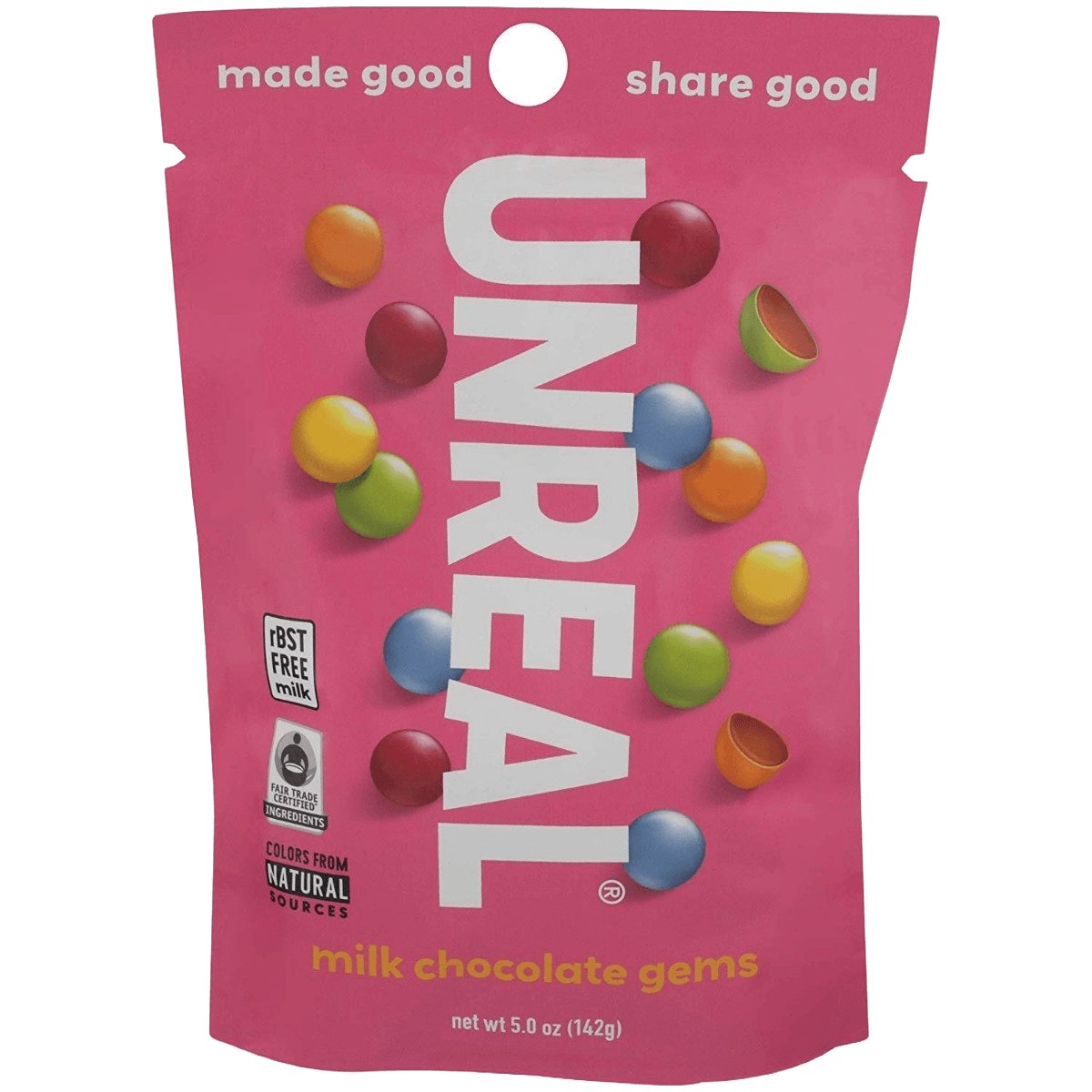 Front of Unreal Milk Chocolate Gems 5oz bag featuring vibrant candy pieces and fair trade certification. Great vegan-friendly chocolate snack.
