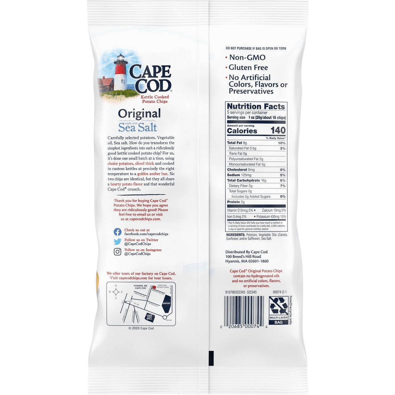 Back of Cape Cod Kettle Chips Sea Salt bag highlighting non-GMO, gluten-free features and nutritional information for healthy snacking.