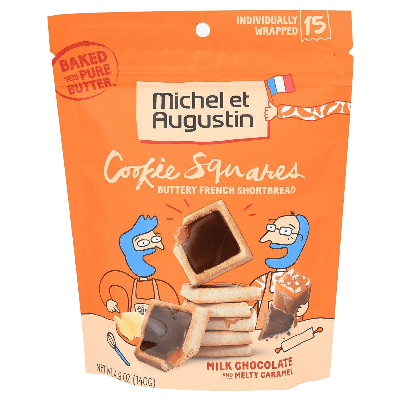 Front of Michel et Augustin French Shortbread Cookie Squares 4.9 oz pouch showing buttery shortbread filled with milk chocolate and caramel.