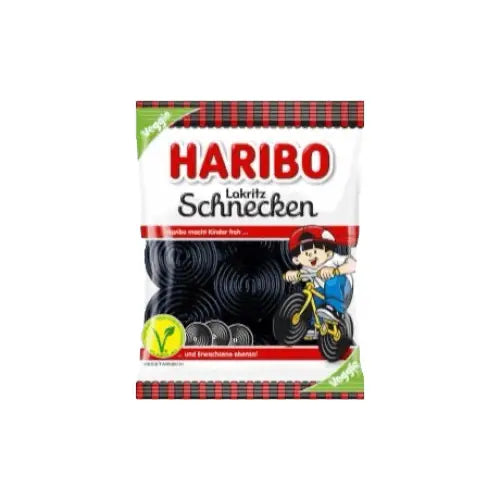 Haribo Rotella Licorice - Sweet & Spicy vegetarian candy in 175g pack with classic black licorice wheels and playful packaging design.