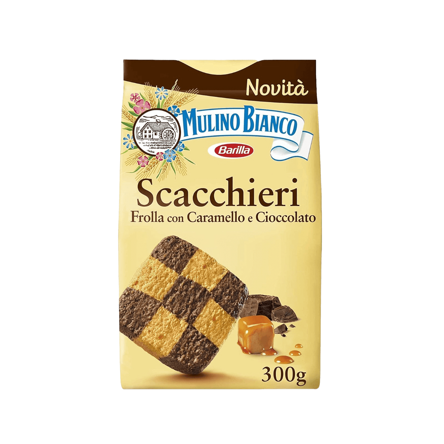 Scacchieri Caramel Chocolate Cookies by Mulino Bianco in 300g pack, featuring double pastry squares with rich caramel and chocolate flavor.
