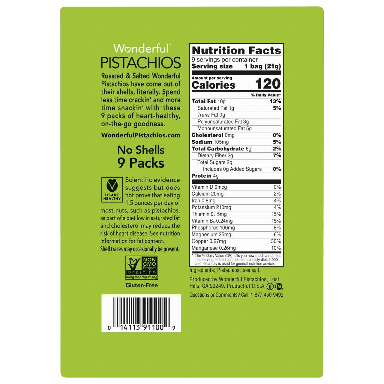 Back of Wonderful Pistachios Multipack box showing nutrition facts and product benefits like gluten-free and heart-healthy claims.