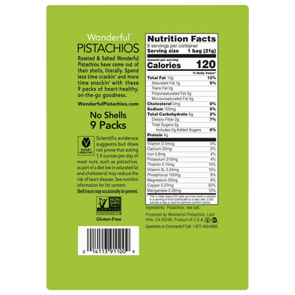 Back of Wonderful Pistachios Multipack box showing nutrition facts and product benefits like gluten-free and heart-healthy claims.