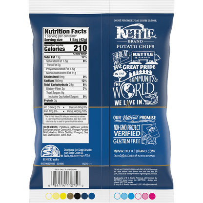 Back of Kettle Brand Sea Salt & Vinegar Flavor Potato Chips 1.5 oz bag showing nutrition facts, gluten-free and non-GMO labels.