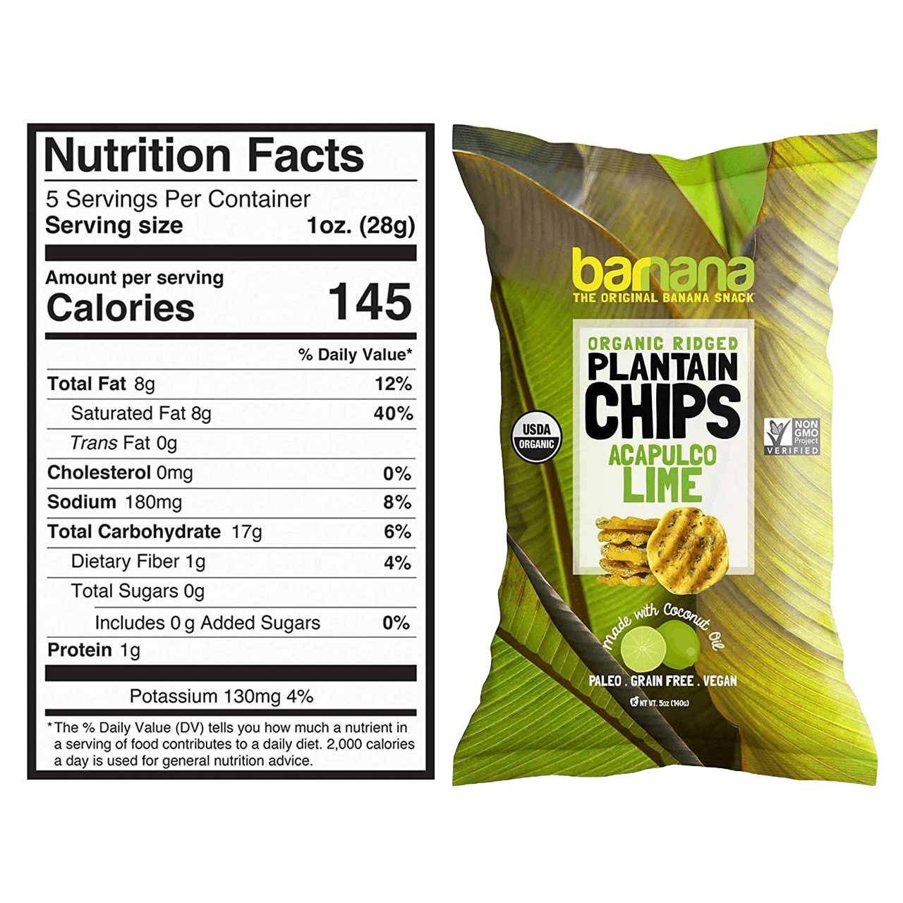 Close-up of nutrition label for Organic Avocado Lime Chips - Plantain Snack, highlighting 145 calories per serving and organic, vegan-friendly ingredients.