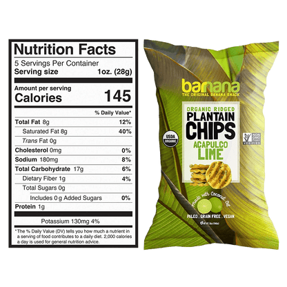 Close-up of nutrition label for Organic Avocado Lime Chips - Plantain Snack, highlighting 145 calories per serving and organic, vegan-friendly ingredients.