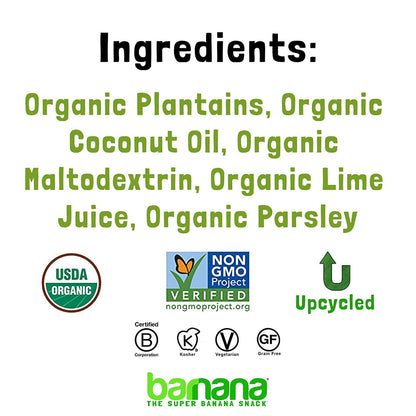 Ingredient list for Organic Avocado Lime Chips - Plantain Snack includes organic plantains, coconut oil, lime juice, and parsley. Certified organic, vegan, and gluten-free.