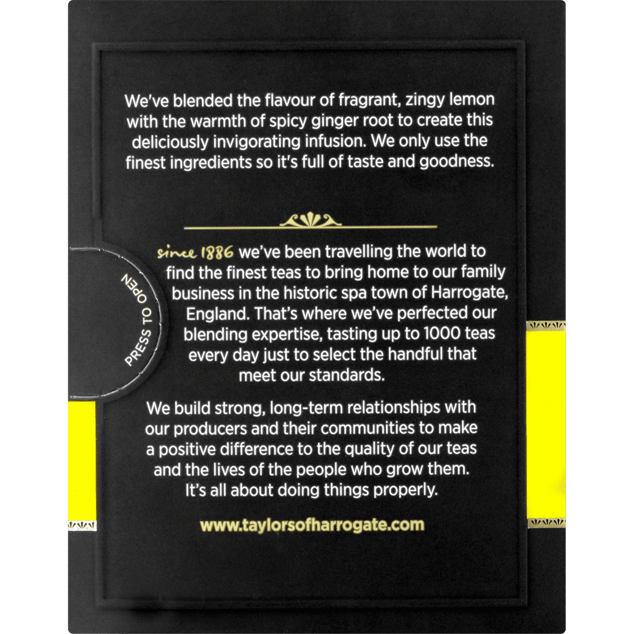 Back of Taylors Lemon & Ginger Tea box highlighting the brand’s heritage, premium ingredients, and commitment to quality tea blending since 1886.