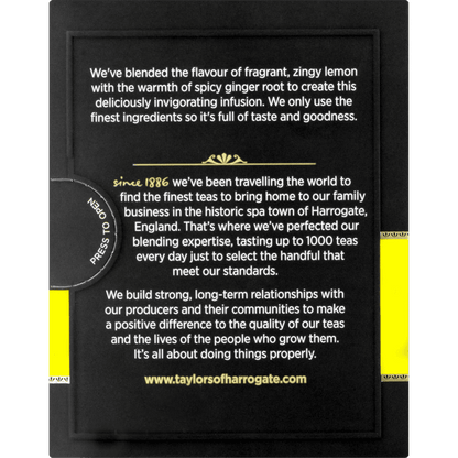 Back of Taylors Lemon & Ginger Tea box highlighting the brand’s heritage, premium ingredients, and commitment to quality tea blending since 1886.
