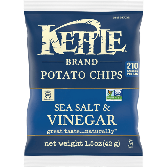 Kettle Brand Sea Salt & Vinegar Flavor Potato Chips 1.5 oz bag with gluten-free and non-GMO labels. Tangy snack option in a bold blue pack.