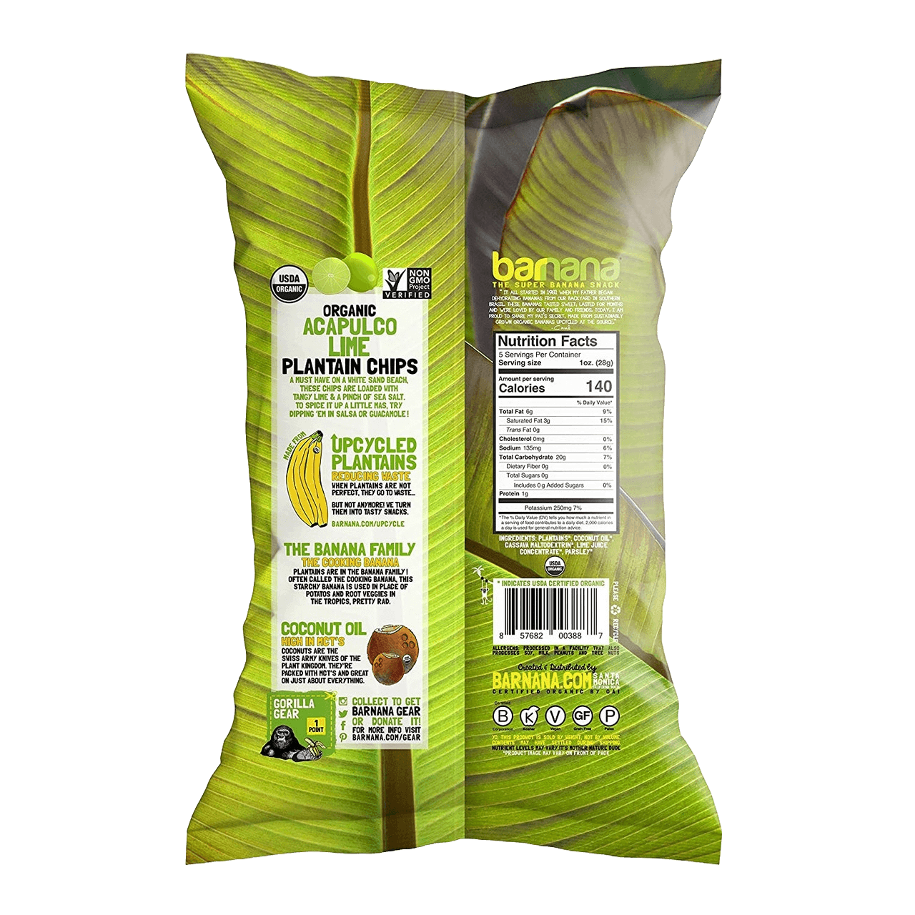 Back of Organic Avocado Lime Chips - Plantain Snack bag showing nutrition facts, ingredients, and sustainability info. Made from upcycled plantains and organic ingredients.