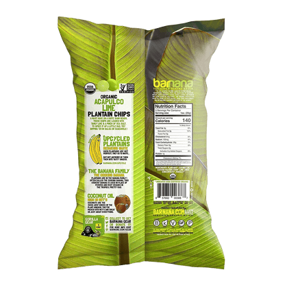 Back of Organic Avocado Lime Chips - Plantain Snack bag showing nutrition facts, ingredients, and sustainability info. Made from upcycled plantains and organic ingredients.