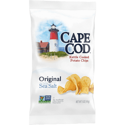 Cape Cod Kettle Chips Sea Salt 5 oz bag with lighthouse design, showcasing original crunchy potato chips made with sea salt.