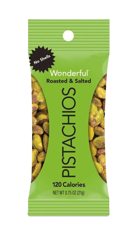 Single 0.75 oz pack of Wonderful Roasted & Salted Pistachios with no shells, labeled 120 calories, perfect for portion-controlled snacking.