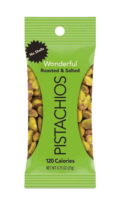Single 0.75 oz pack of Wonderful Roasted & Salted Pistachios with no shells, labeled 120 calories, perfect for portion-controlled snacking.