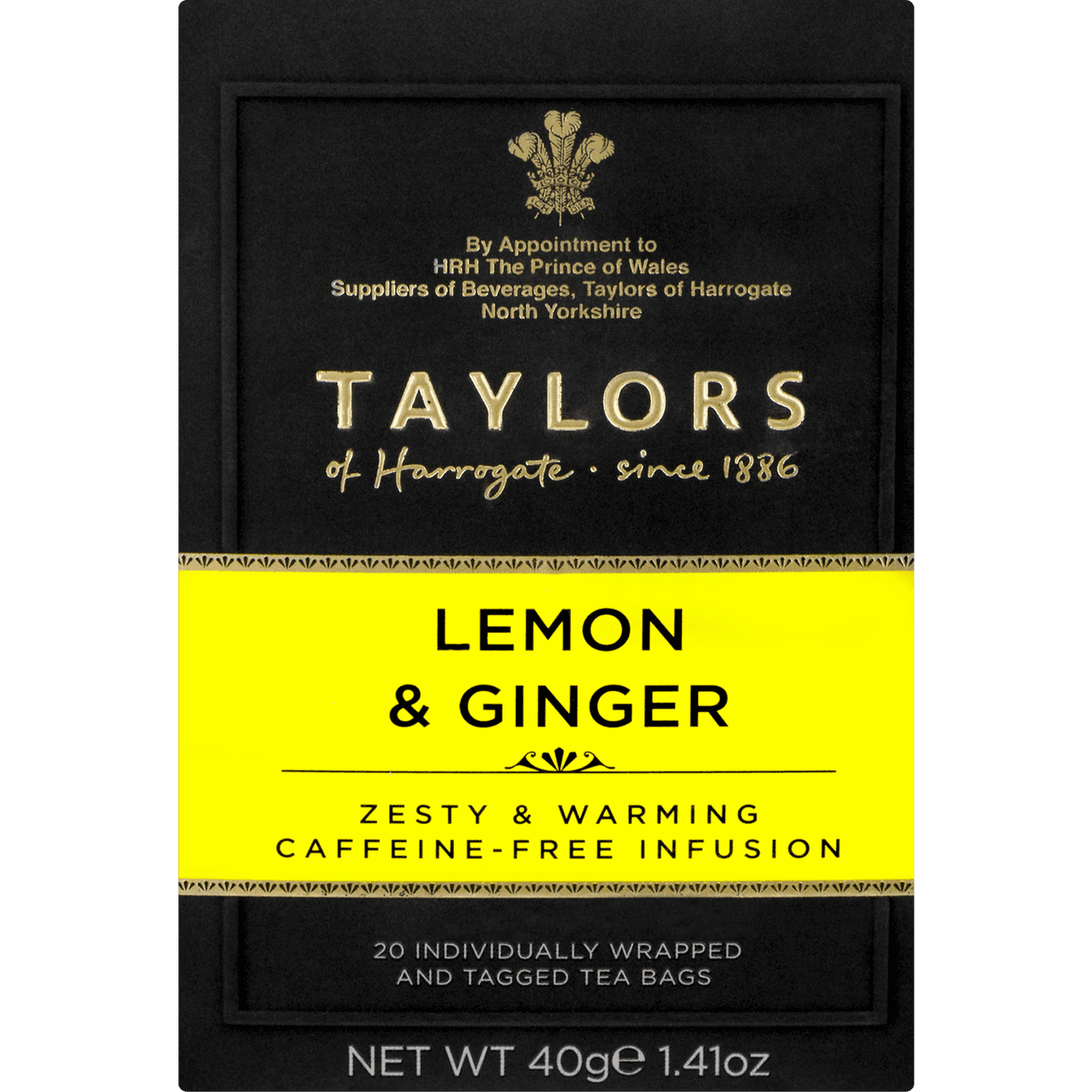 Front label of Taylors Lemon & Ginger Tea box featuring bold yellow design and caffeine-free infusion details, great for a refreshing tea break.