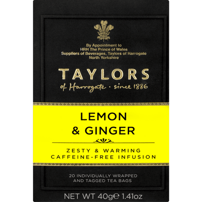 Front label of Taylors Lemon & Ginger Tea box featuring bold yellow design and caffeine-free infusion details, great for a refreshing tea break.