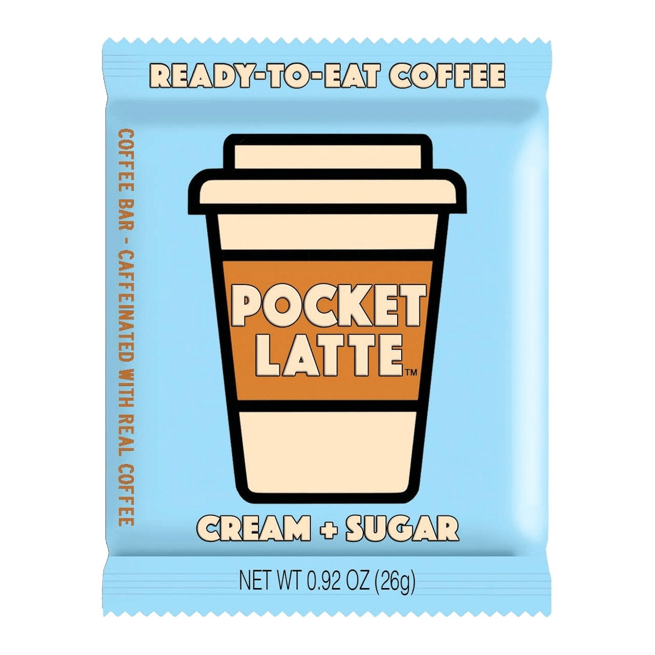 Cream & Sugar Coffee Bar - Pocket Latte in blue wrapper, labeled as ready-to-eat coffee with real caffeine for on-the-go energy.