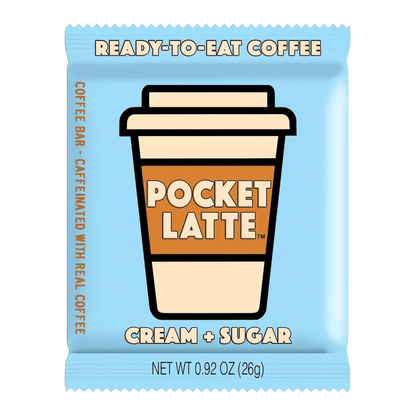 Cream & Sugar Coffee Bar - Pocket Latte in blue wrapper, labeled as ready-to-eat coffee with real caffeine for on-the-go energy.