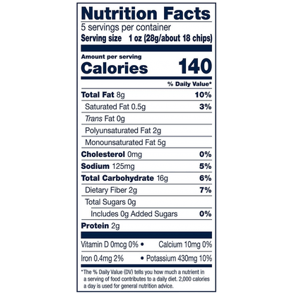 Cape Cod Kettle Chips Sea Salt nutrition facts label showing 140 calories per serving and 2g of protein per 1 oz portion.