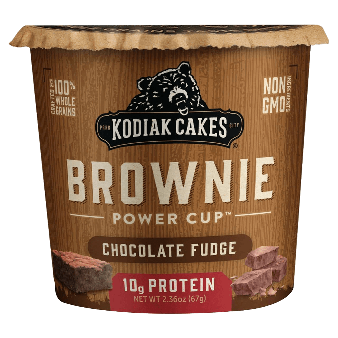 Kodiak Cakes Chocolate Fudge Brownie Cake Cup with 10g protein in 2.36 oz size, featuring whole grains and non-GMO ingredients.