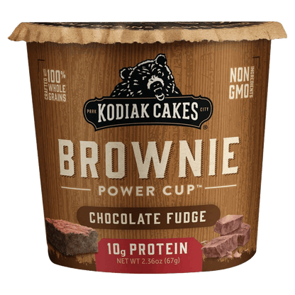 Kodiak Cakes Chocolate Fudge Brownie Cake Cup with 10g protein in 2.36 oz size, featuring whole grains and non-GMO ingredients.