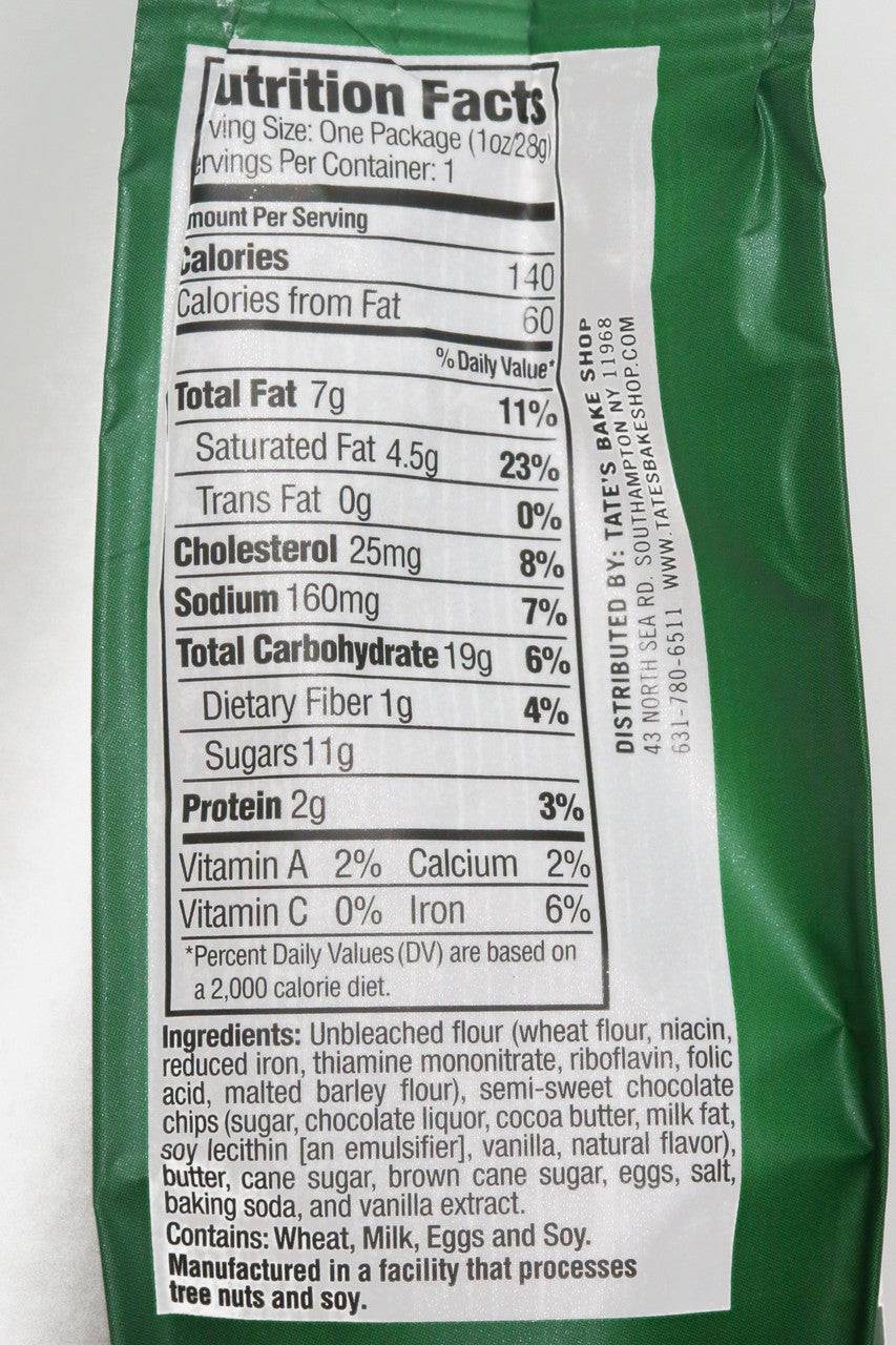 Back of TATE TINY CHOC CHIP CKY (12 X 1 OZ) COOKIES pack displaying nutrition facts, ingredients, and allergen information for chocolate chip cookies.