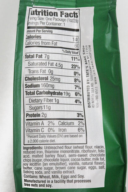 Back of TATE TINY CHOC CHIP CKY (12 X 1 OZ) COOKIES pack displaying nutrition facts, ingredients, and allergen information for chocolate chip cookies.
