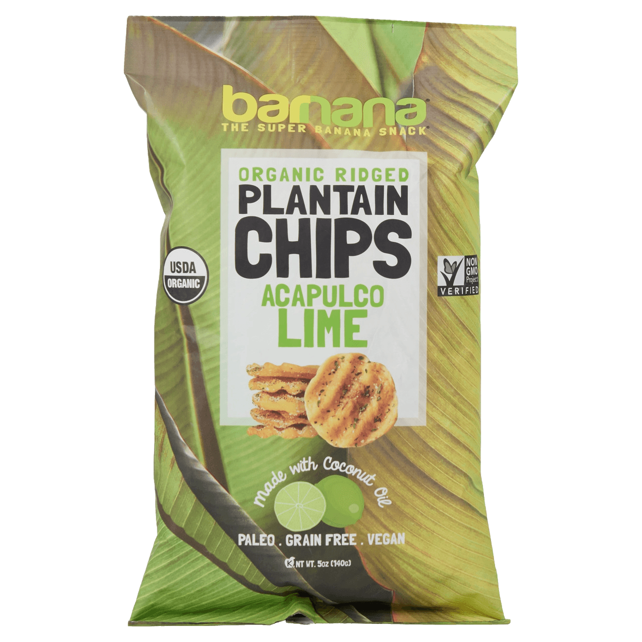 Front packaging of Organic Avocado Lime Chips - Plantain Snack by Barnana, featuring USDA Organic and Non-GMO labels. Healthy ridged chips made with coconut oil.