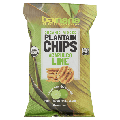 Front packaging of Organic Avocado Lime Chips - Plantain Snack by Barnana, featuring USDA Organic and Non-GMO labels. Healthy ridged chips made with coconut oil.
