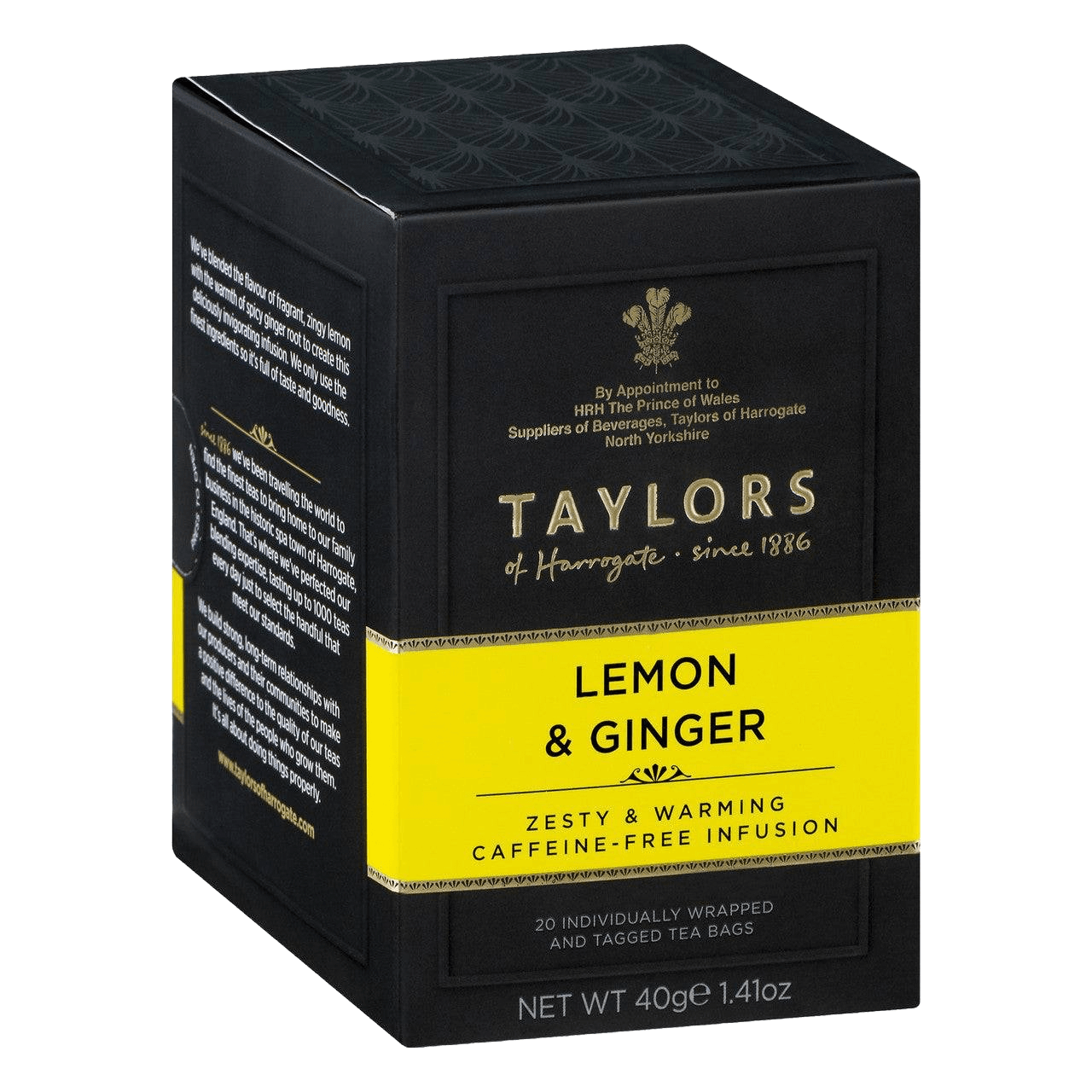 Taylors of Harrogate Lemon & Ginger Tea 6x20 bags box with zesty and warming caffeine-free infusion label, ideal for tea lovers seeking vibrant flavors.