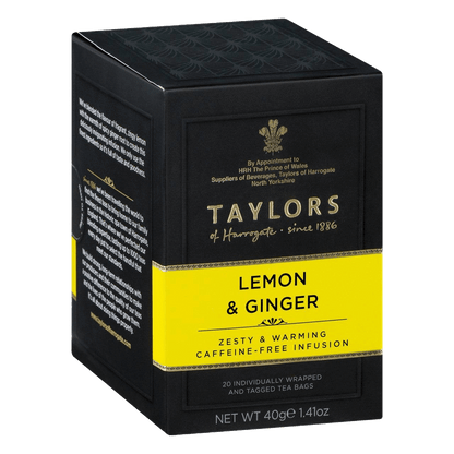 Taylors of Harrogate Lemon & Ginger Tea 6x20 bags box with zesty and warming caffeine-free infusion label, ideal for tea lovers seeking vibrant flavors.