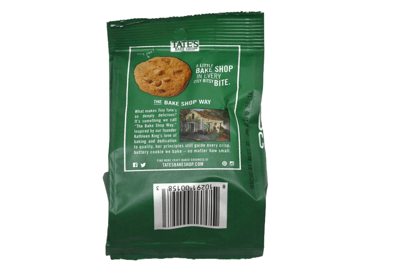 Rear view of TATE TINY CHOC CHIP CKY (12 X 1 OZ) COOKIES pack featuring brand story, barcode, and cookie image promoting crispy, buttery taste.
