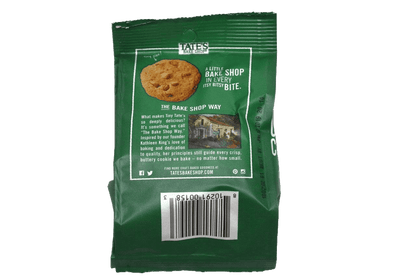 Rear view of TATE TINY CHOC CHIP CKY (12 X 1 OZ) COOKIES pack featuring brand story, barcode, and cookie image promoting crispy, buttery taste.