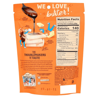 Back of Michel et Augustin French Shortbread Cookie Squares pouch highlighting ingredients, nutrition facts, and playful brand illustrations.