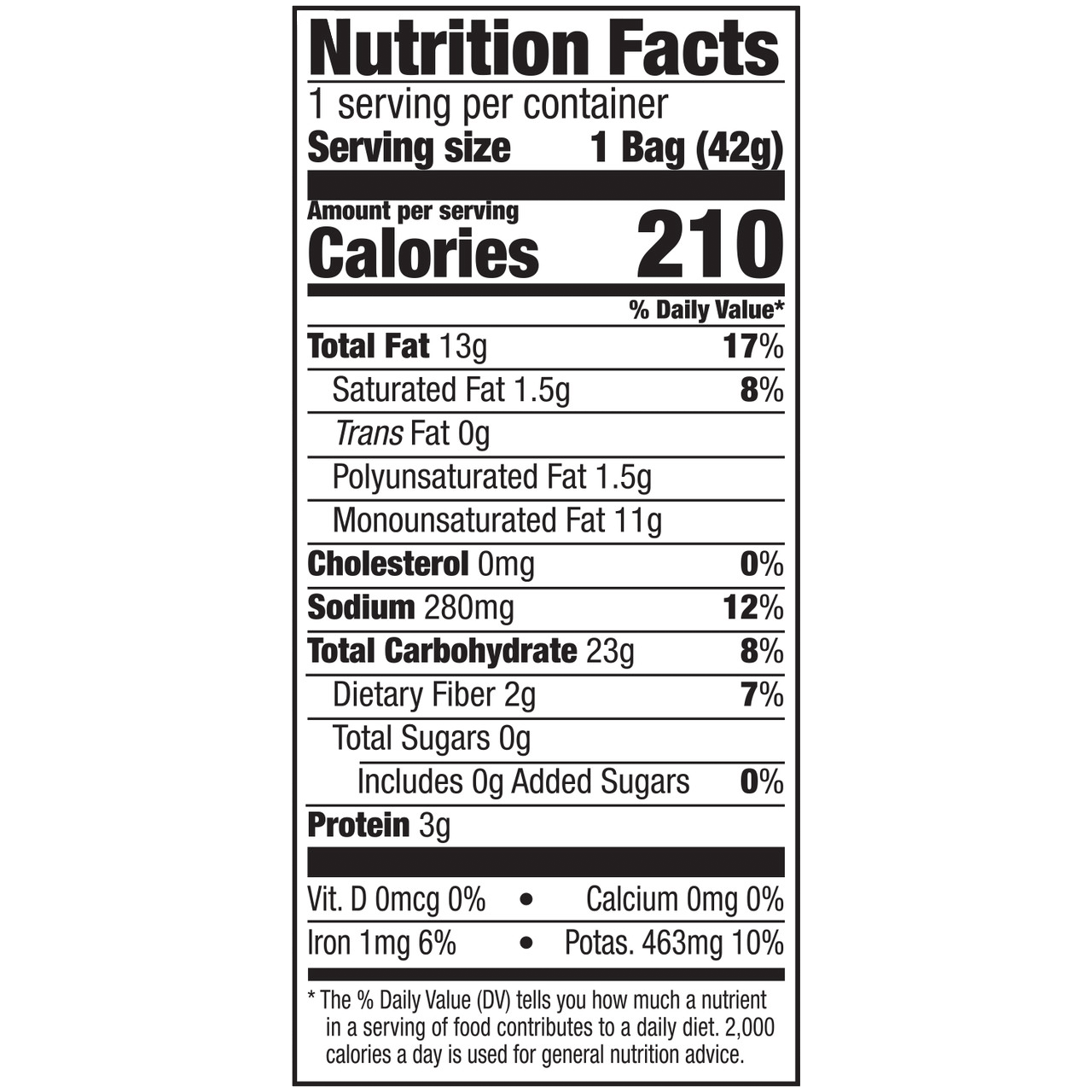 Nutrition facts label for Kettle Brand Sea Salt & Vinegar Flavor Potato Chips - (24 x 1.5 oz), showing 210 calories per serving and gluten-free ingredients.