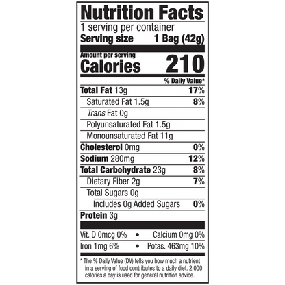 Nutrition facts label for Kettle Brand Sea Salt & Vinegar Flavor Potato Chips - (24 x 1.5 oz), showing 210 calories per serving and gluten-free ingredients.