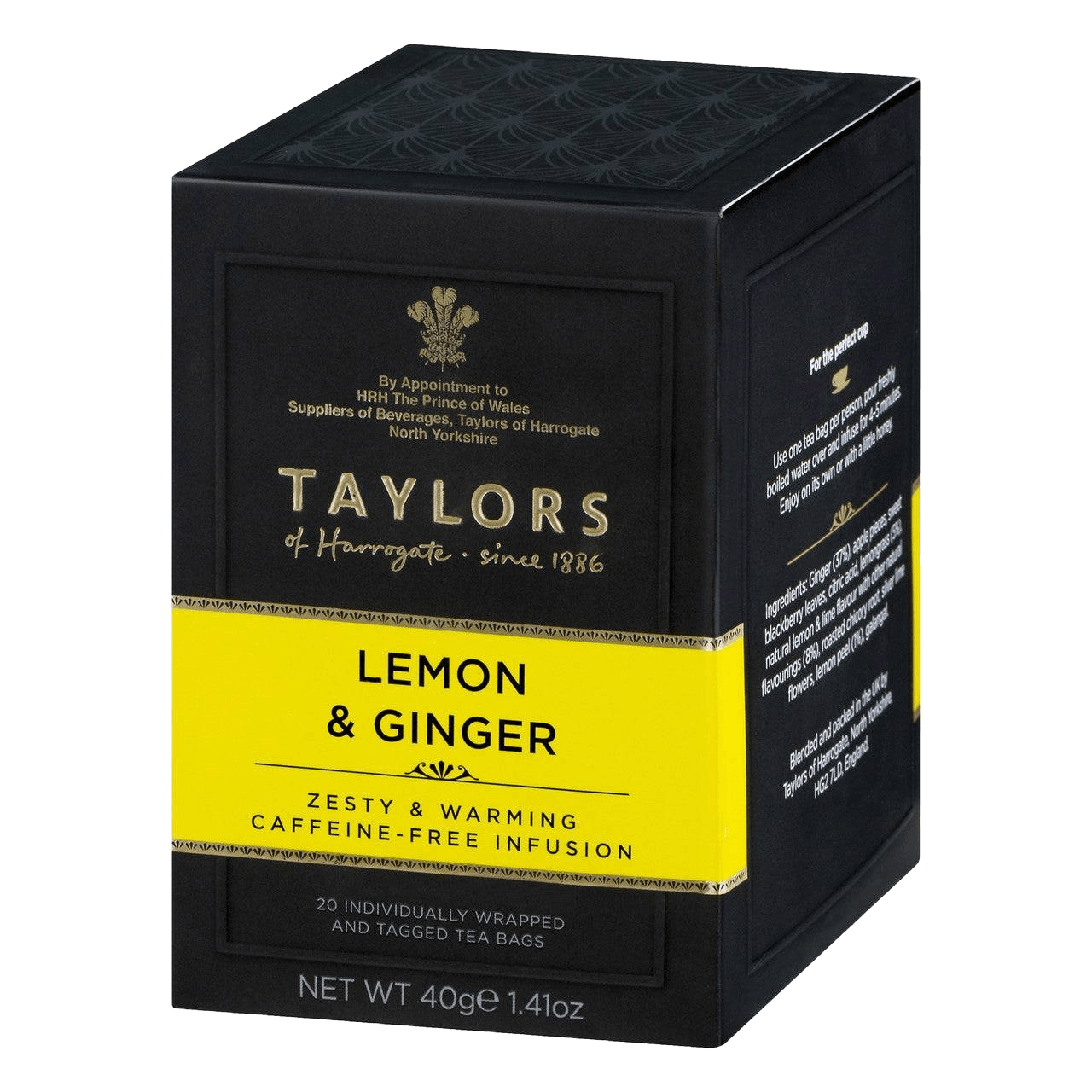 Angled view of Taylors of Harrogate Lemon & Ginger Tea pack showing 20 individually wrapped bags, perfect for a zesty and warming tea experience.