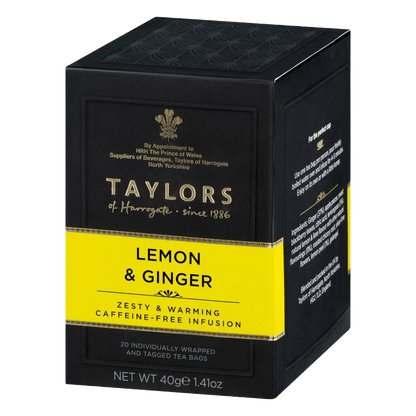 Angled view of Taylors of Harrogate Lemon & Ginger Tea pack showing 20 individually wrapped bags, perfect for a zesty and warming tea experience.