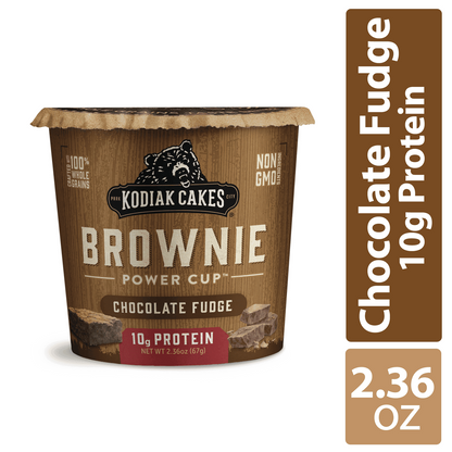 Kodiak Cakes Chocolate Fudge Brownie Cake Cup 2.36 oz with 10g protein, ideal for quick snacks or post-workout treats.